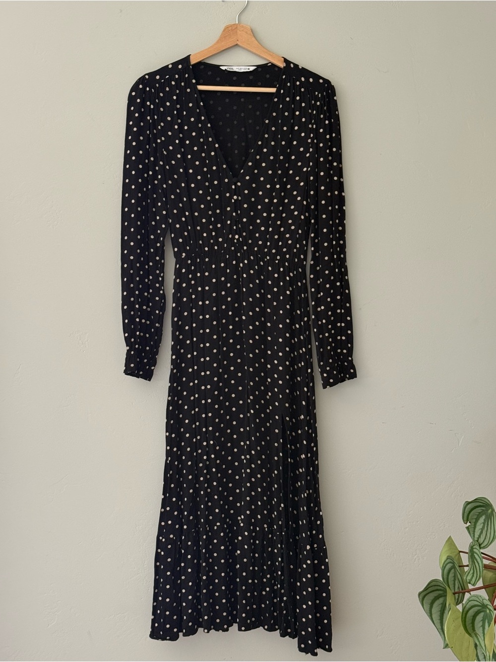 Zara Black Dress with White Polka Dots - Long Sleeve Midi